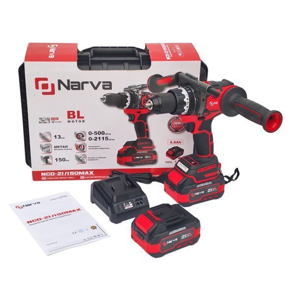 Аккумуляторный шуруповерт шурупокрут NARVA NCD-21/150 21 В 150 Нм бесщеточный 2115 об/мин патрон 13 мм 2 АКБ 4 Аг кейс для дома NARVA NCD-21/150 фото
