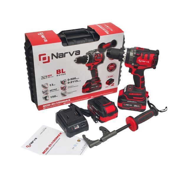 Аккумуляторный шуруповерт шурупокрут NARVA NCD-21/150 21 В 150 Нм бесщеточный 2115 об/мин патрон 13 мм 2 АКБ 4 Аг кейс для дома NARVA NCD-21/150 фото